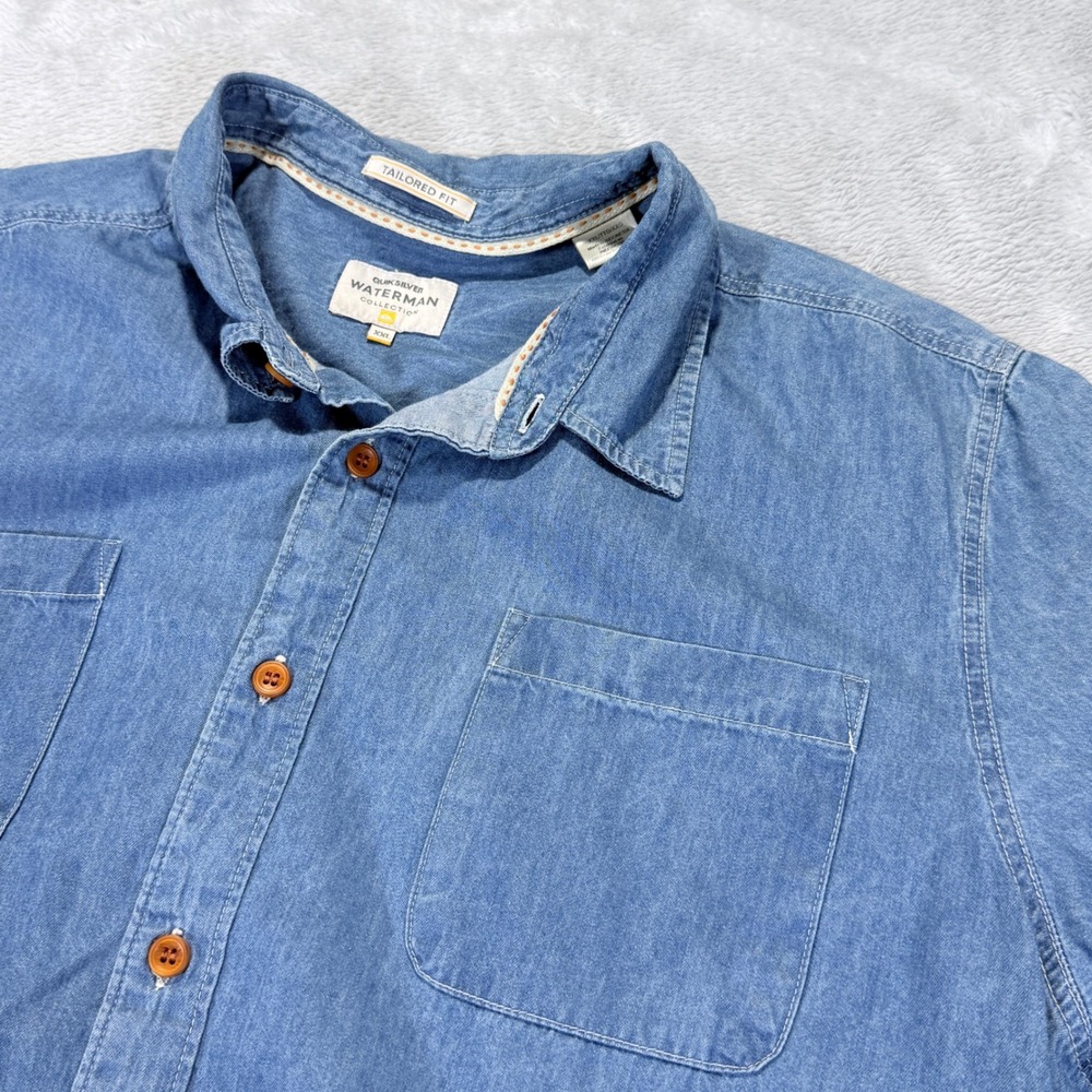 Quiksilver Waterman Collection Mens XXL Blue Short Sleeve Button‎ Down